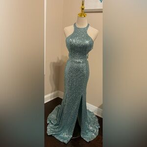 049 Elegant Blue Sequin Evening Gown